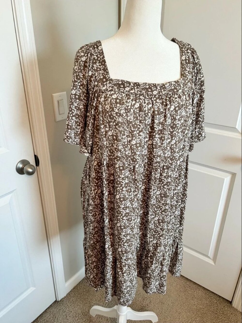Maurices Brown White Floral Print Square Neck Mini Dress